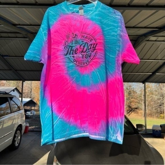Hand Crafted Tops - Have The Day You Deserve Pink & Blue Tie Dye Graphic T Shirt size XL